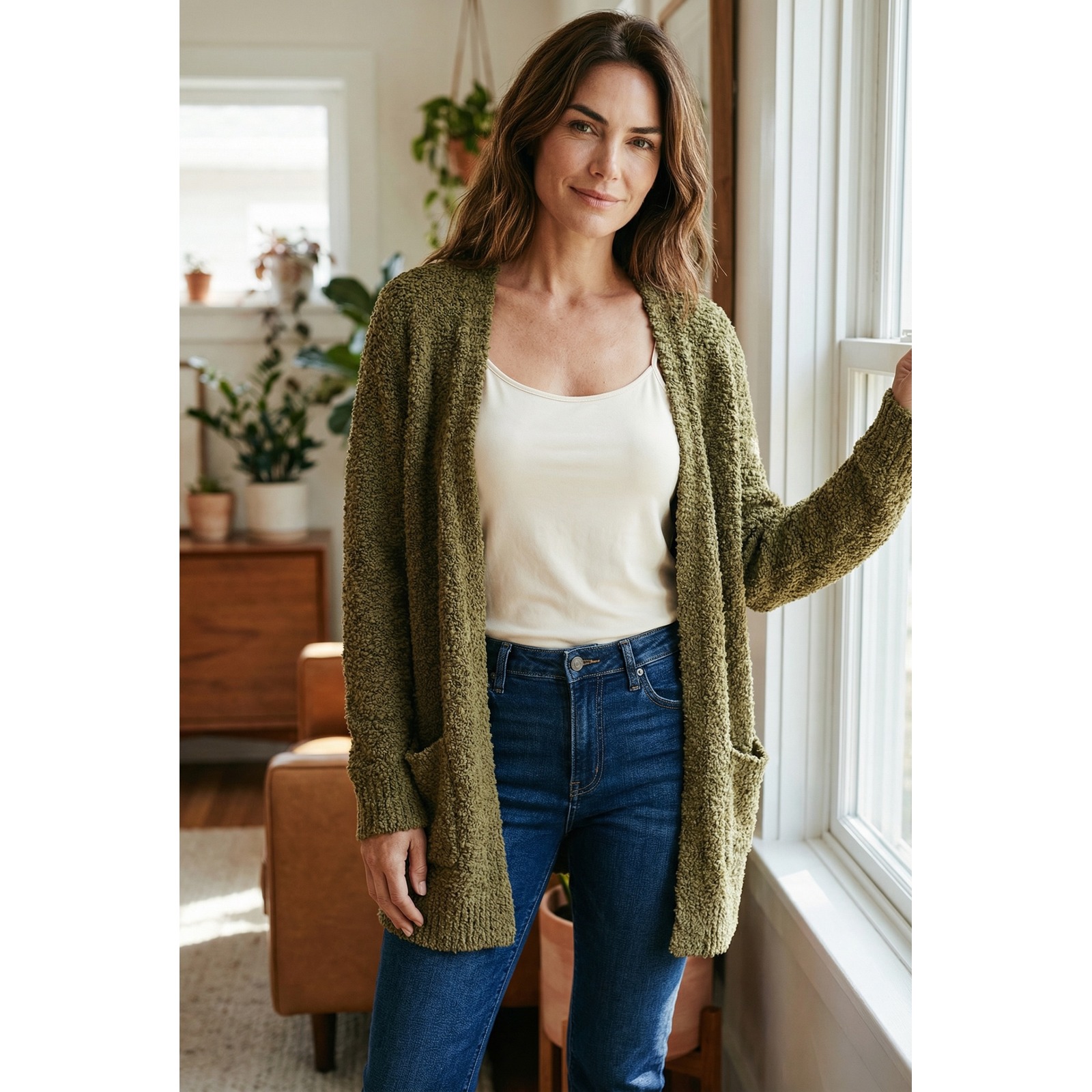Zenana Women Olive Green Popcorn Knit Open Front Cardigan Sweater Size Medium